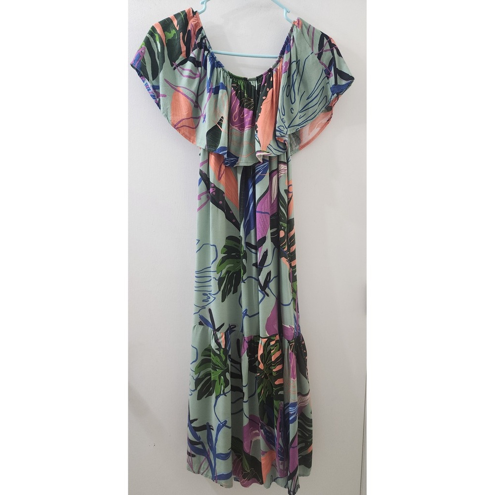 Sleeveless Tropical Print Maxi Dress in Mint with Ruffle Neckline